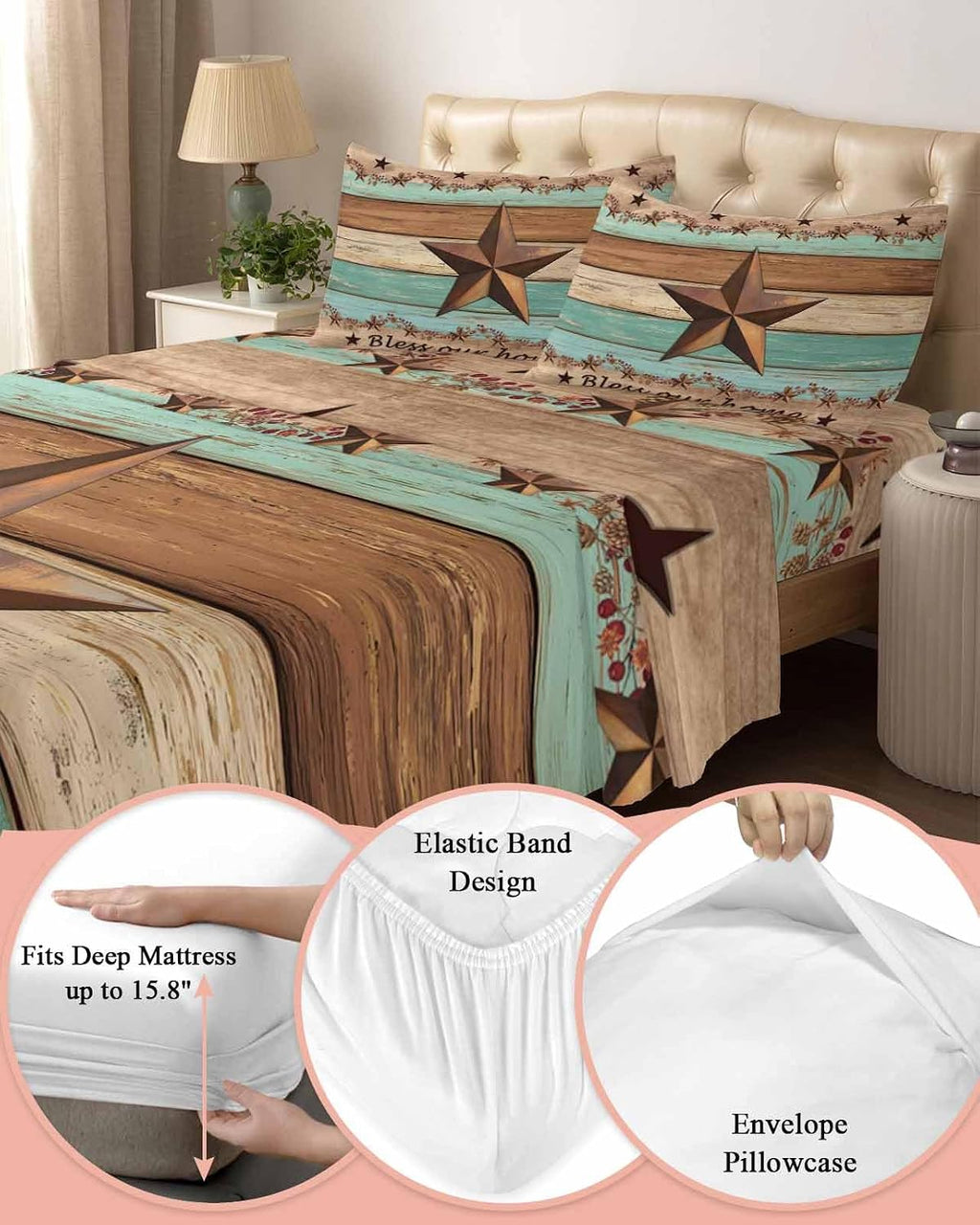 Western Texas Star Vintage Cal King Sheet Set 4 Piece Bedding - Retro Farmhouse Brown Green Wood Grain Breathable Comfy Cooling Bed Sheets & Pillowcase Sets,Hotel Flat Sheets Deep Pockets Fitted Sheet
