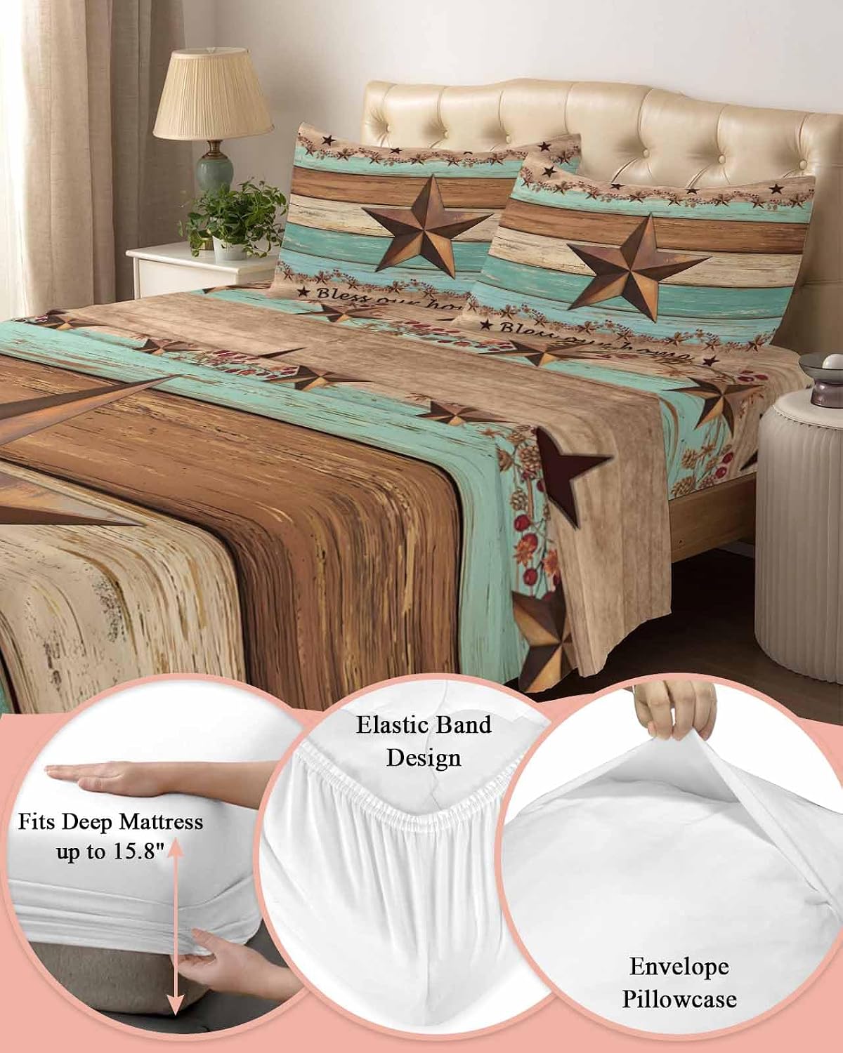 Western Texas Star Vintage Cal King Sheet Set 4 Piece Bedding - Retro Farmhouse Brown Green Wood Grain Breathable Comfy Cooling Bed Sheets & Pillowcase Sets,Hotel Flat Sheets Deep Pockets Fitted Sheet
