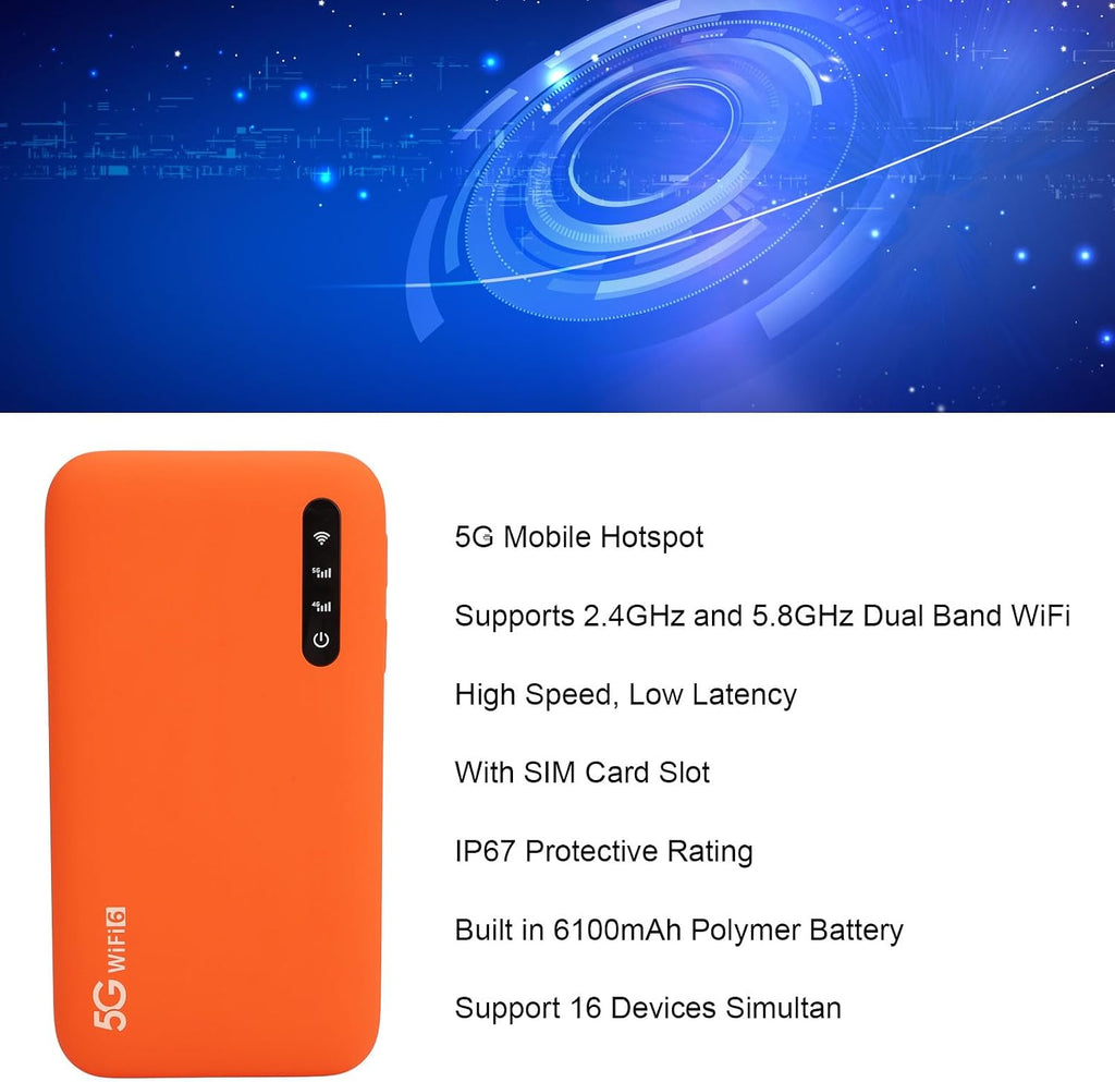 5G WiFi6 Mobile Hotspot, 5G Router with Sim Card Slot, International Coverage Modem, Portable Internet Devices for Travel, Support 16 Users, 6100mAh Battery