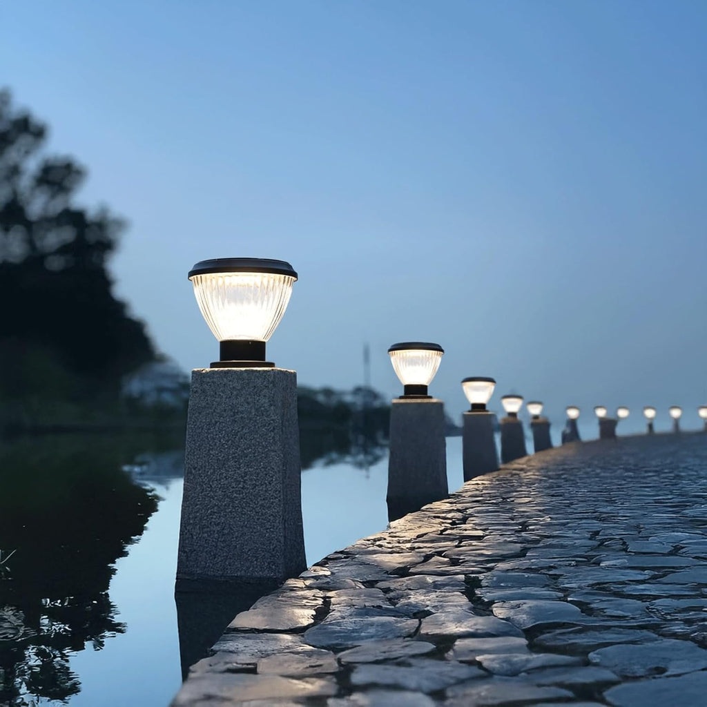 Solar Post Light, IP65 Outdoor Bollard Light, LED Solar Pillar Lamp, Round Column Lantern with Light Control, Aluminum and PC Exterior Garden Lighting Fixture for Yard Pathway Driveway