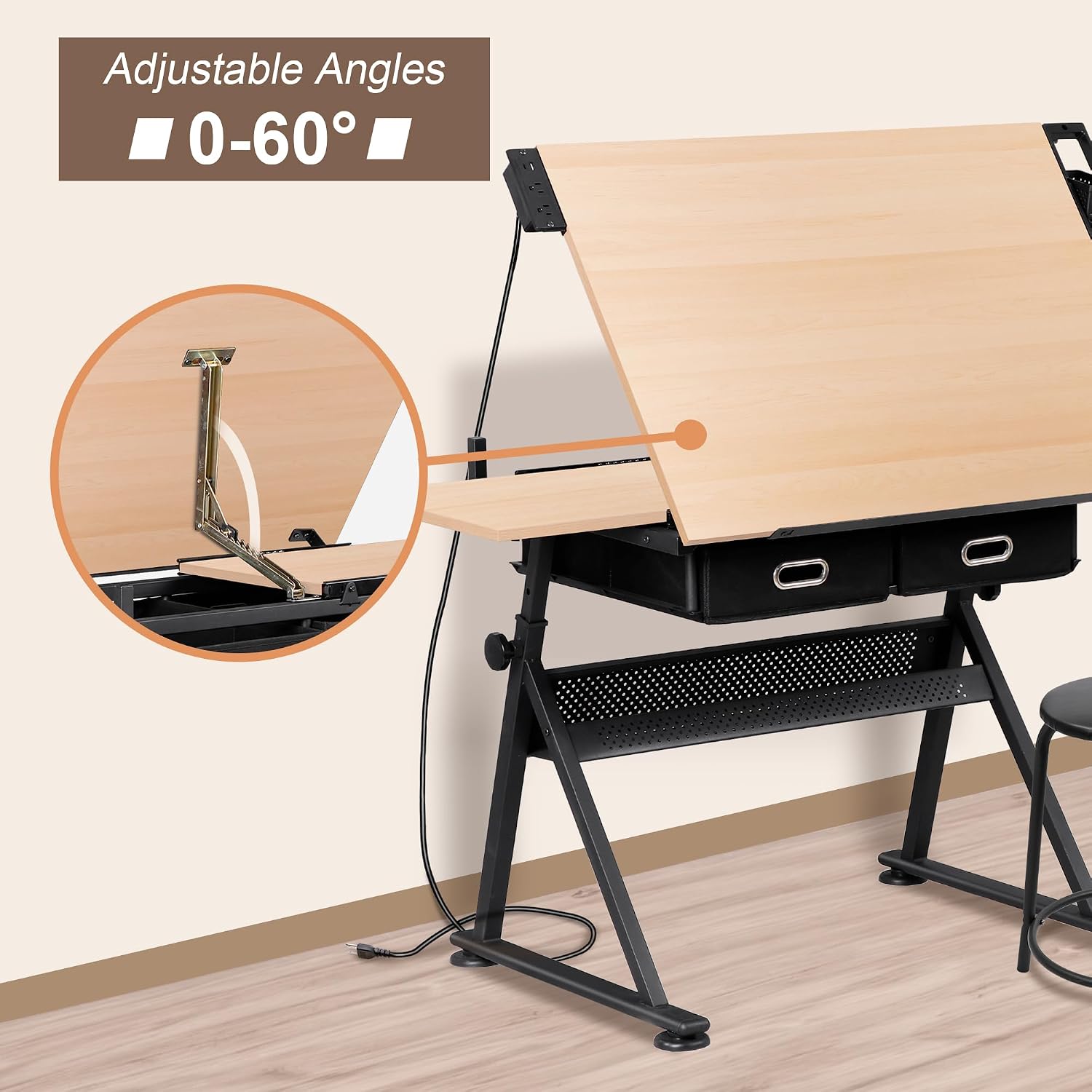 ZENY Adjustable Drafting Table with Stool, Tilting Drawing Desk Artist Table with Storage Drawers, Art Craft Workstation for Home Office Reading, Writing, Crafting (Brown-with Outlet)