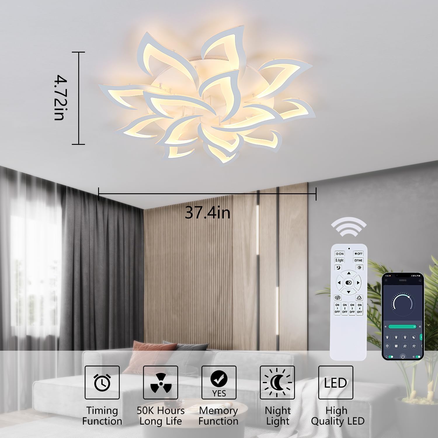 Goeco Modern Ceiling Light, LED Dimmable White 14-Petals Acrylic Flower Design Flush Mount Ceiling Light, 3000K-6500K with APP/Remote Control for Living Room, Dining Room, Kitchen