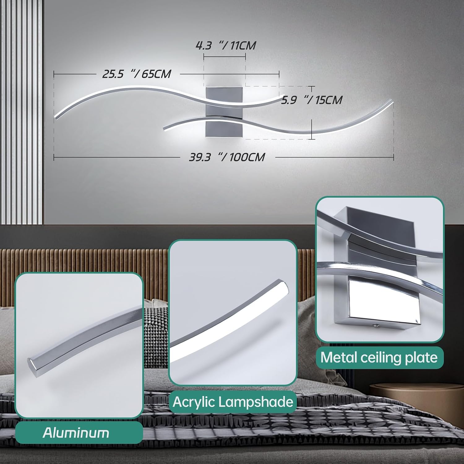 CANEOE Modern Led Wall Light, 39inch Chrome Indoor Led Wall Sconce Lighting, Bathroom Vanity Light Fixtures Over Mirror for Living Room Hallway Bedroom Bedside Wall Lamp (Chrome,6000K,2 Packs)