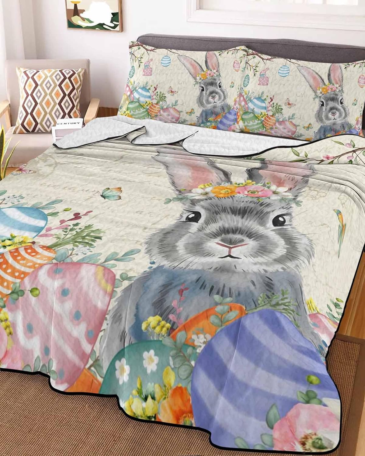 Quilt King Size Bedding Set, Easter Lightweight Summer Quilt 3 Pieces Bedding Sets, Spring Grey Bunny Colorful Eggs Tree Butterfly Reversible Soft Bedspreads Coverlets with 2 Pillow Shams