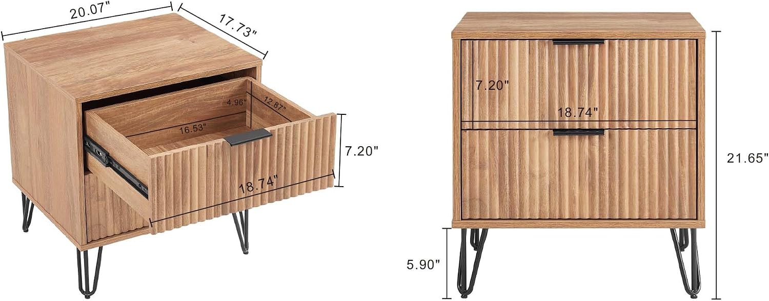 Manhattan Comfort Dumbo Modern 5-Drawer Tall Dresser and Nightstand 2.0 Set - Black Metal Accents - Vertical Ribbed Design - No Tool Assembly Storage for Bedroom & Living Room, Golden Brown