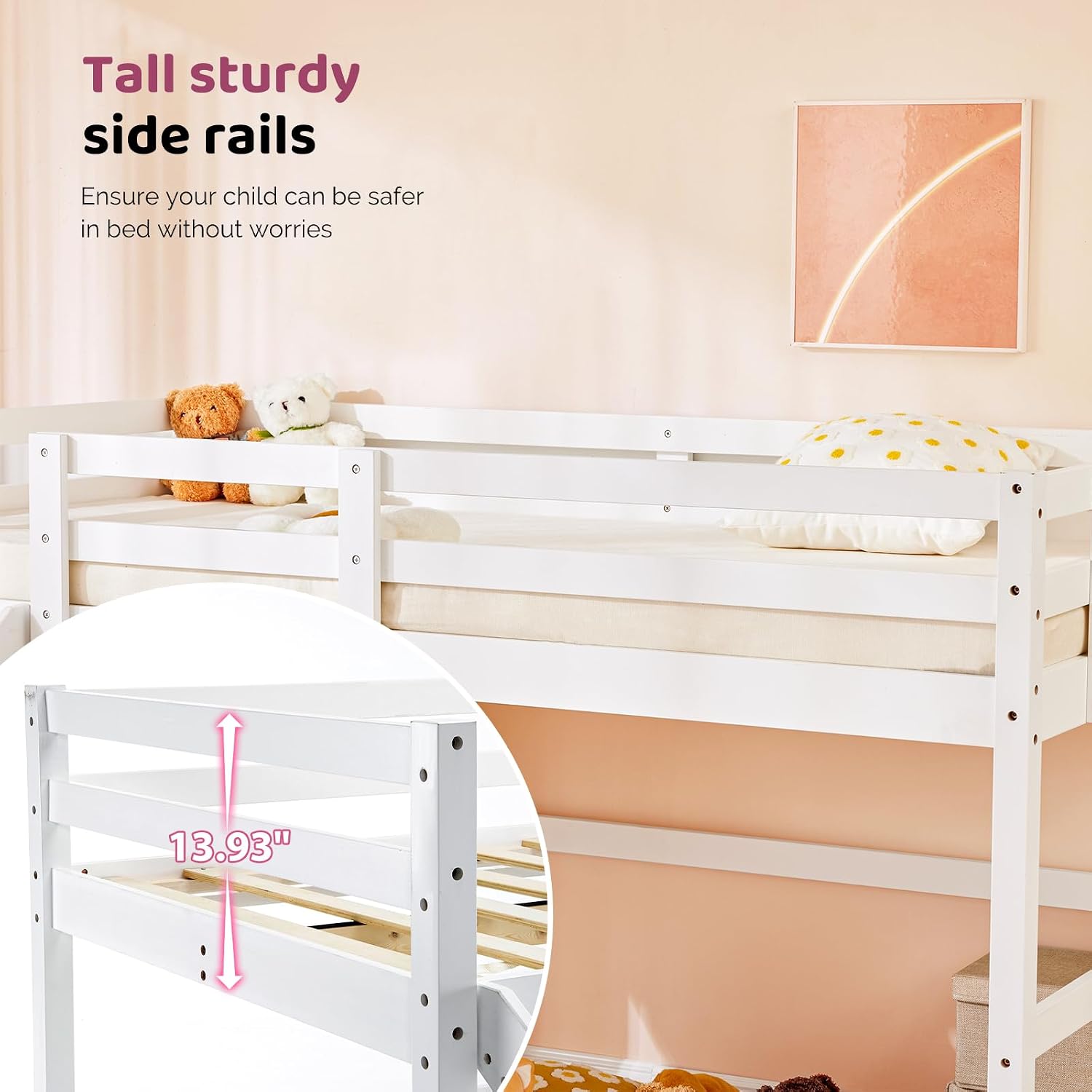 VINGLI Loft Bed with Slide, Twin Space Saving Kids Low Loft with Guardrail and Ladder, Pine Wood and Sturdy Single Bed Frame for Boys and Girls, White
