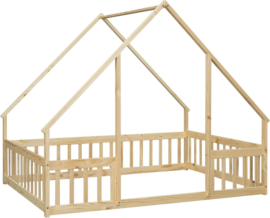 JIVOIT Full Wood House-Shaped Floor Bed with Fence and Guardrails, Wood House Roof Frame, Montessori Floor Bed Frame (Natural-Full,129)
