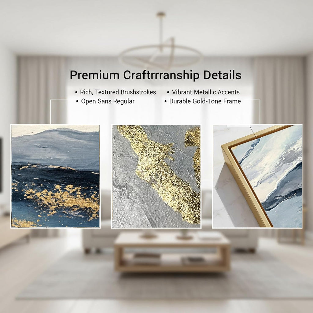 Large Blue and Gold Mountain Wall Art for Living Room, Framed Blue Abstract Painting for Bedroom,Modern Landscape Office Wall Decor Ready to Hang 24x48 Inches
