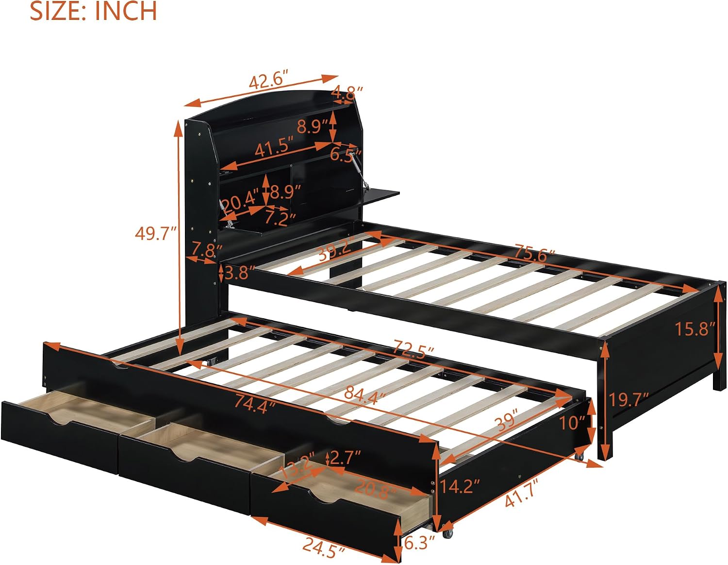 Merax Twin Size Bed Frame with Flip-Up Storage Headboard, Black Twin Bed with 3 Drawers and Trundle, Wooden Bed Frame Twin a Set of Sockets & USB Ports, No Box Spring Needed