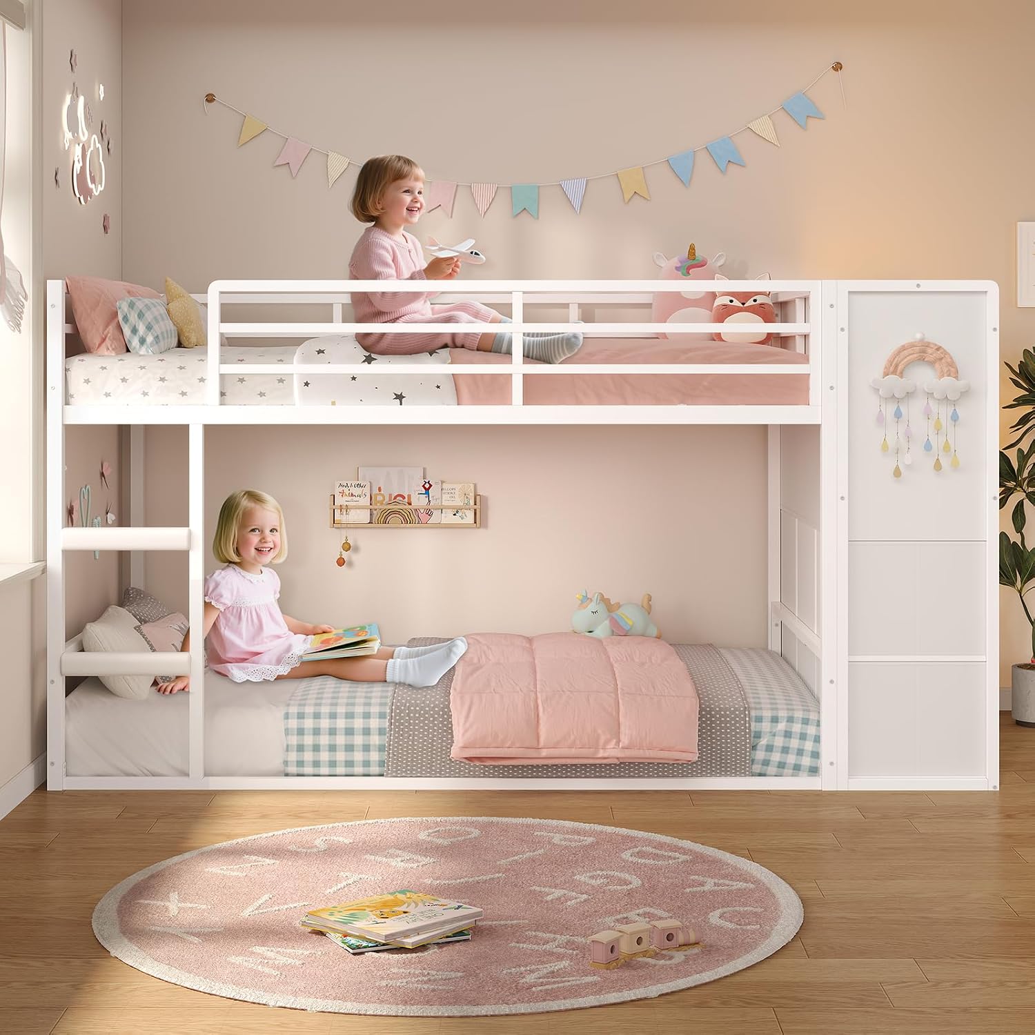 BTHFST Bunk Bed Twin Over Twin with 6 Large Fabric Drawers & 4 Wooden Storage Bookshelf Organizer, Metal Low Bunk Bed for Kids with LED Lights & Safety Ladder and Guardrail, Space Saving
