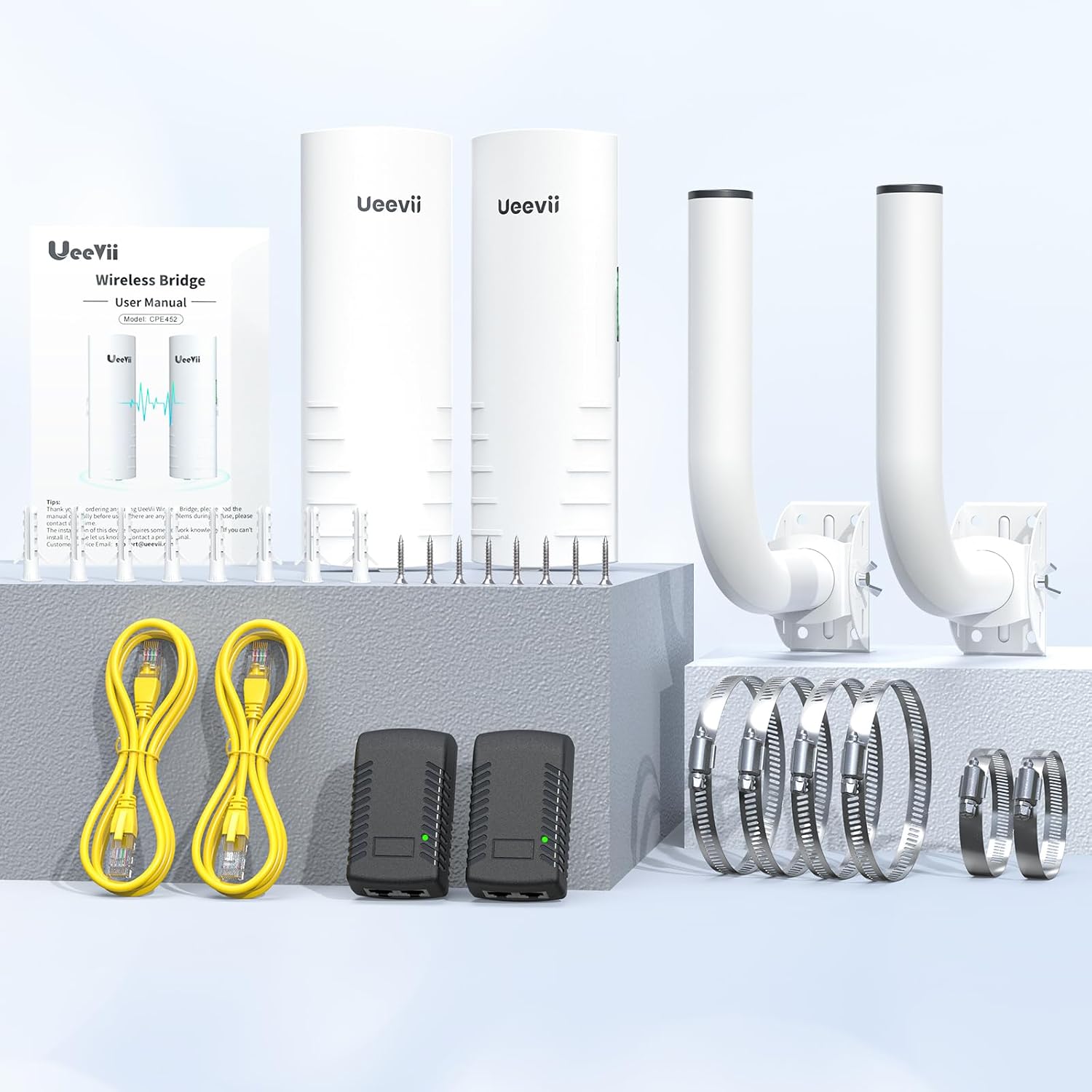 Wireless Bridge Outdoor with 2 Bracket: UeeVii CPE452 Point to Point 5.8G Long Range WiFi CPE - Work with Starlink- Extend Network to Shop Barn Garage, with 14DBi Antenna 24V PoE 2 LAN Port 2Pcs