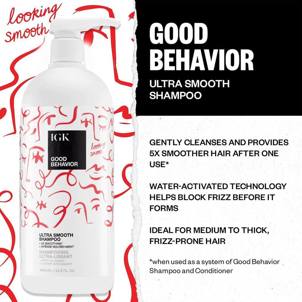 IGK GOOD BEHAVIOR Ultra Smooth Shampoo & Conditioner Set | Frizz Control + Shine | Vegan + Cruelty-Free | 33.8 oz (Pack of 2)