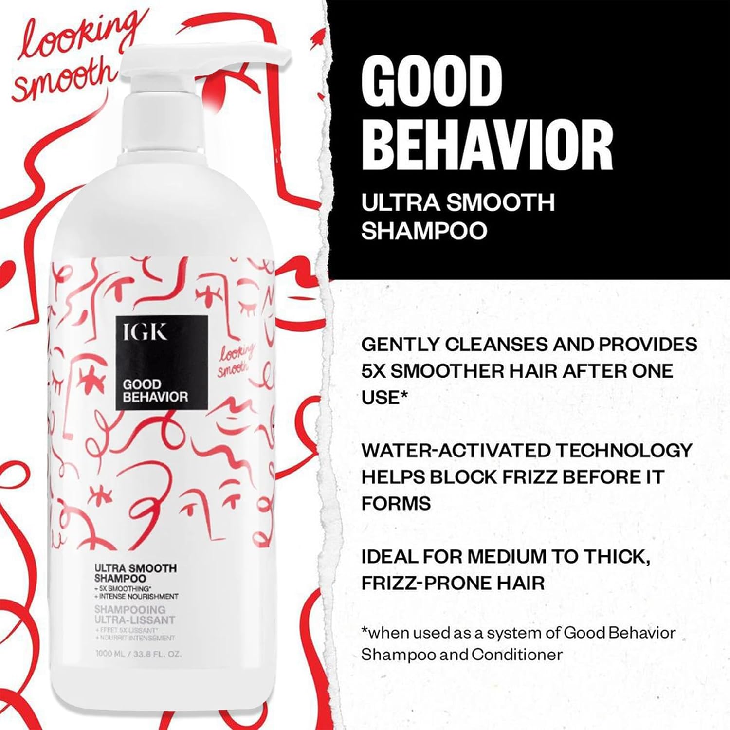 IGK GOOD BEHAVIOR Ultra Smooth Shampoo & Conditioner Set | Frizz Control + Shine | Vegan + Cruelty-Free | 33.8 oz (Pack of 2)
