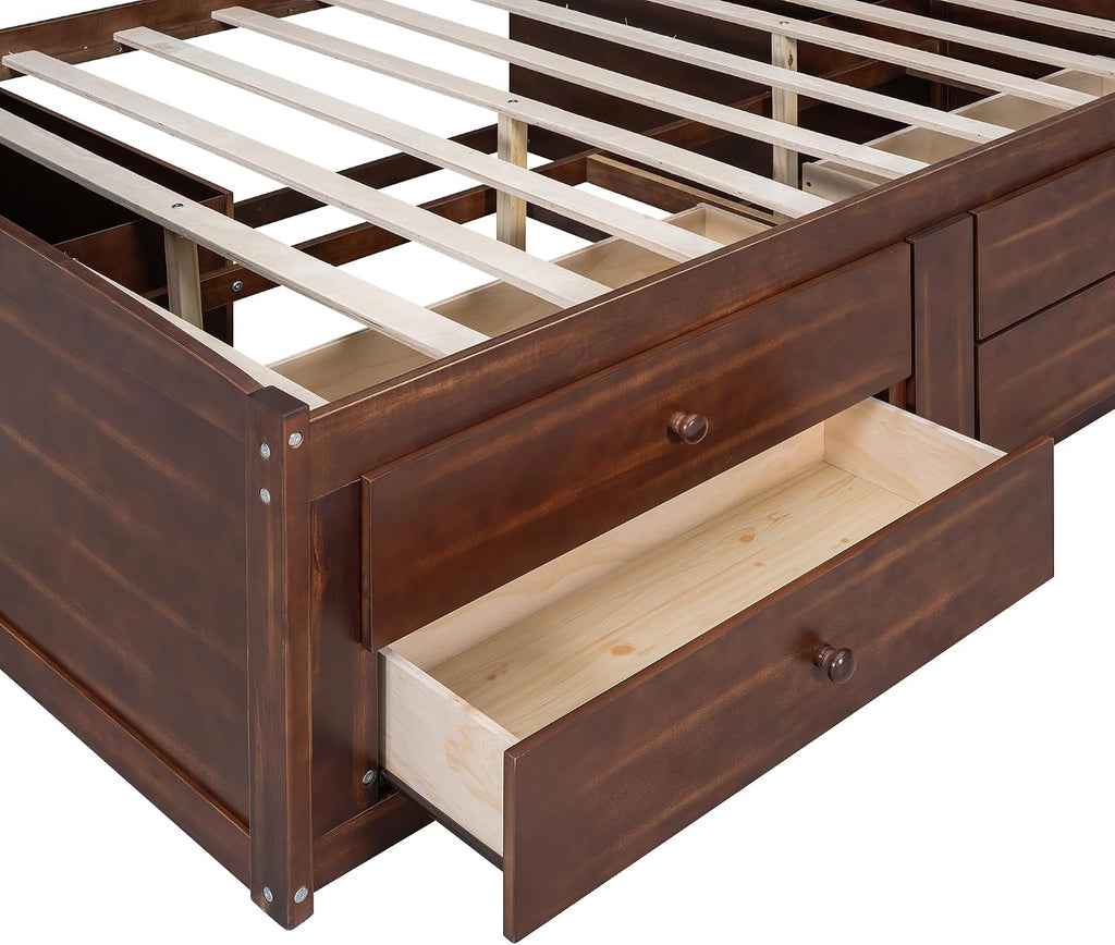 Classic Style Full Size Captain Bed with Built-in Storage Shelves, Wooden Daybed Frame with 4 Drawers and 2 Cabinets, Wood Slats Support for Kids Teens Adults, No Box Spring Needed