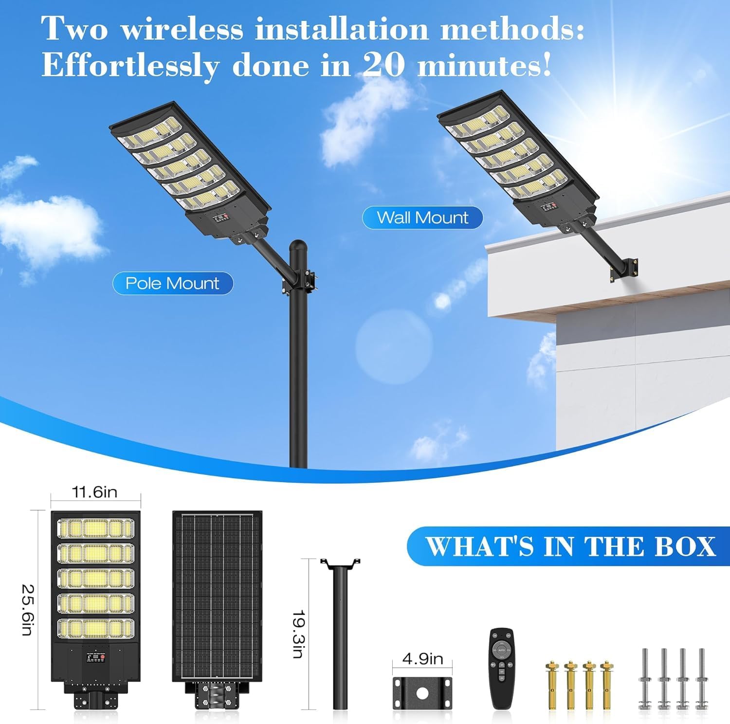 WYWNA 10000W Solar Street Lights Outdoor, Motion Sensor Dusk to Dawn Solar Flood Light, IP66 Waterproof Security Lighting with Remote Control for Yard, Driveway, Parking Lot, Garage (2Pack)