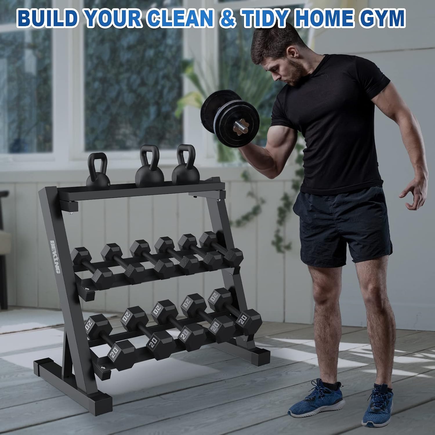 BEKING 3 Tier Dumbbell Rack,1000LB Capacity Weight Storage Rack for Home Gym Fitness,Multifunctional Free Weight Organizer Stand for Dumbbells, Kettlebells,Compact Design Save Floor Space