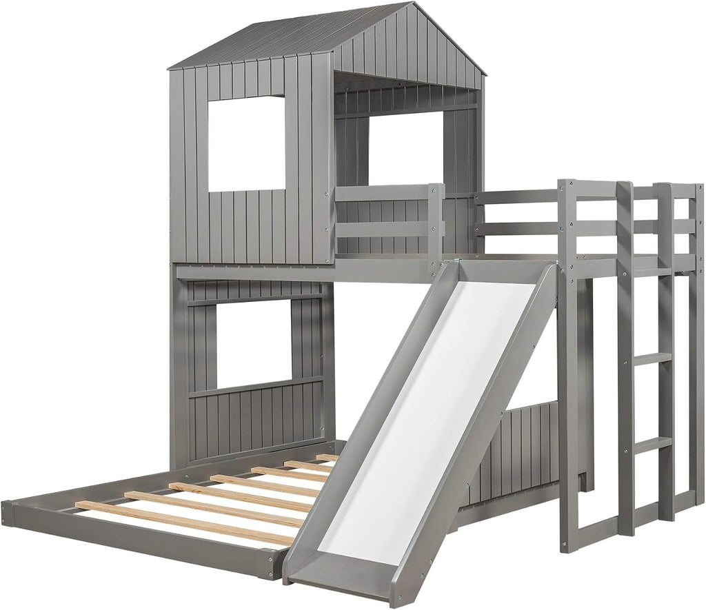 Twin Over Full Bunk Beds with Slide for Kids Toddlers, Play Farm House Roof Window Guardrail Ladder, for Girls Boys, No Spring Box Required (Gray-Slide-Twin-Full)