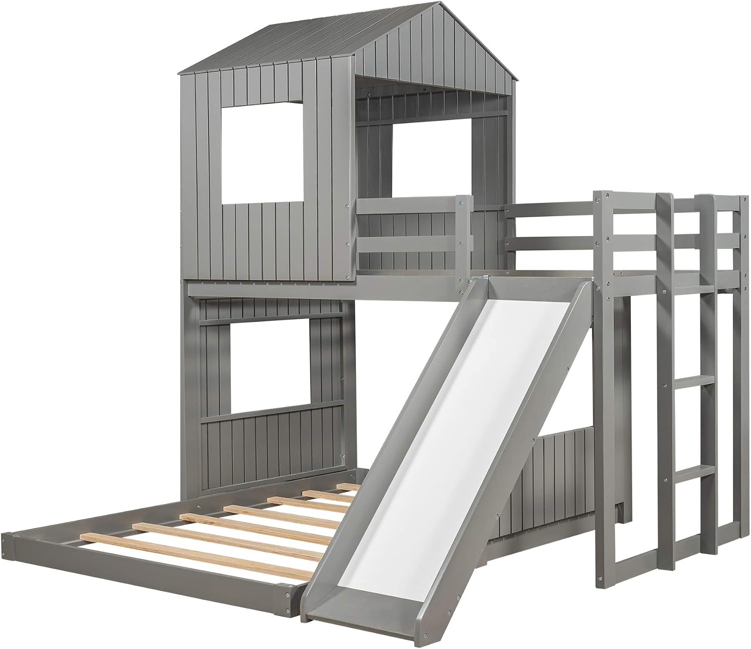 Twin Over Full Bunk Beds with Slide for Kids Toddlers, Play Farm House Roof Window Guardrail Ladder, for Girls Boys, No Spring Box Required (Gray-Slide-Twin-Full)