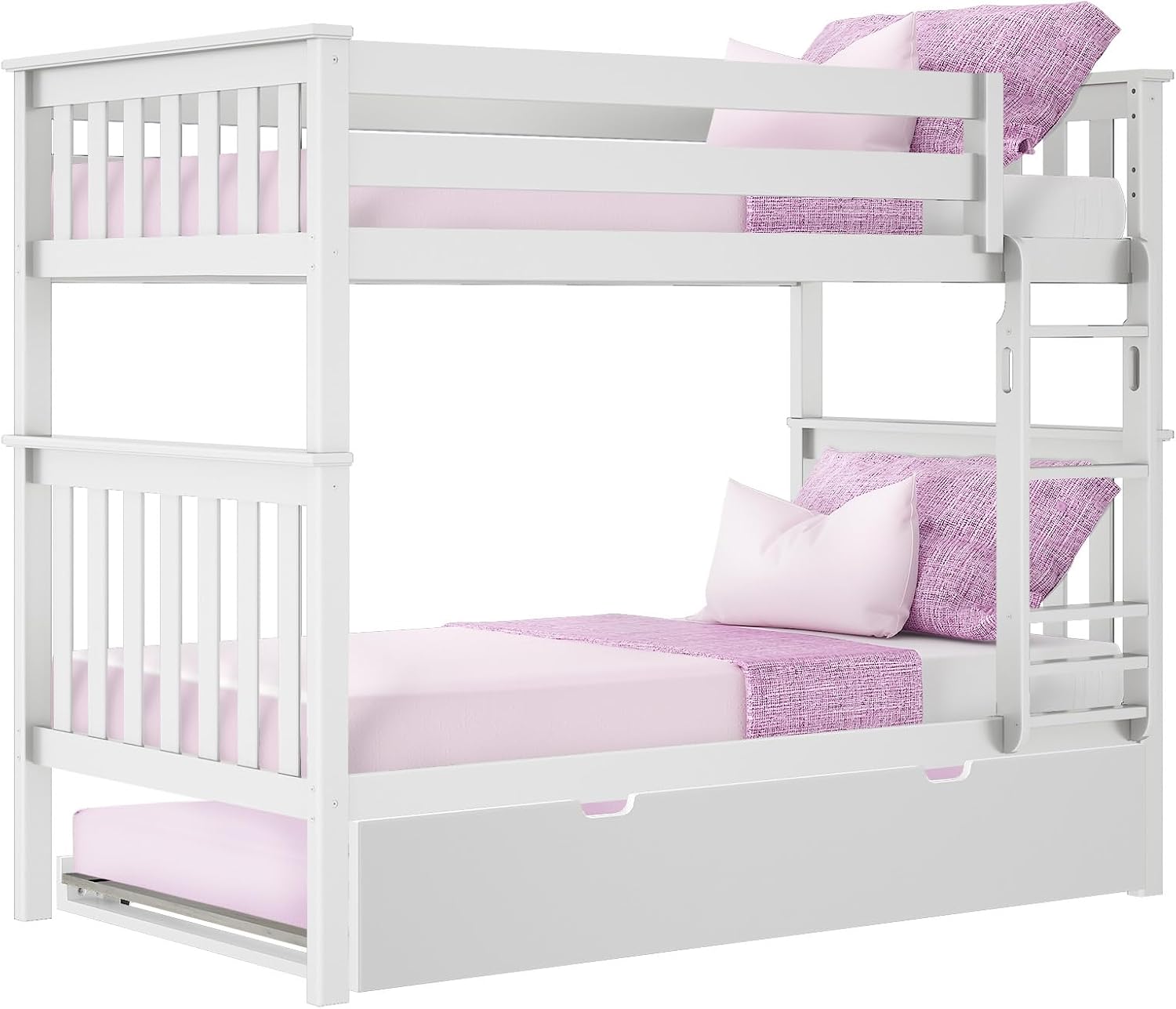 Max & Lily Bunk Bed, Twin-Over-Twin Wood Bed Frame For Kids With Trundle, White