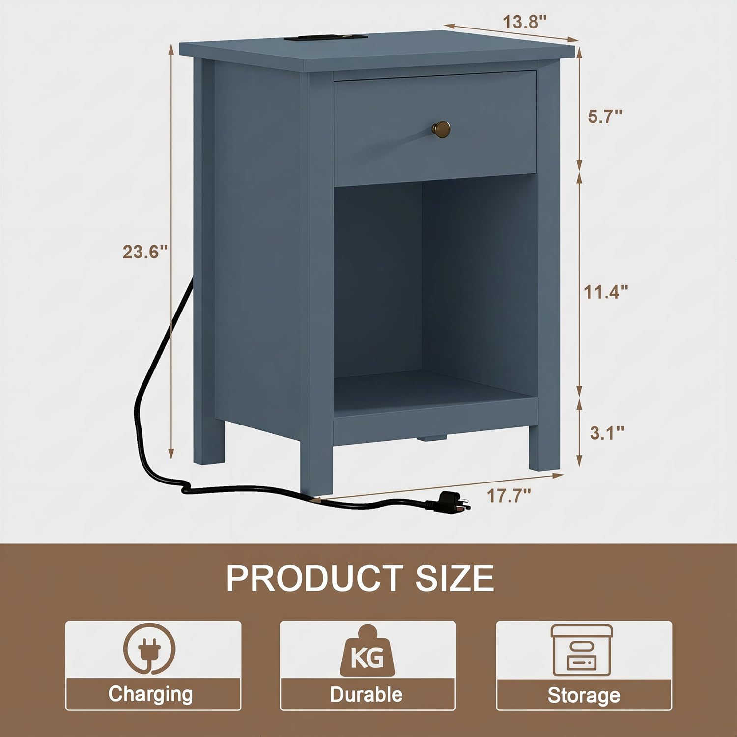 ChooChoo Farmhouse Nightstand Set of 2,Night Stand with Charging Station, Wooden Top Bedside End Table with Drawer and Storage Space for Bedroom, Blue