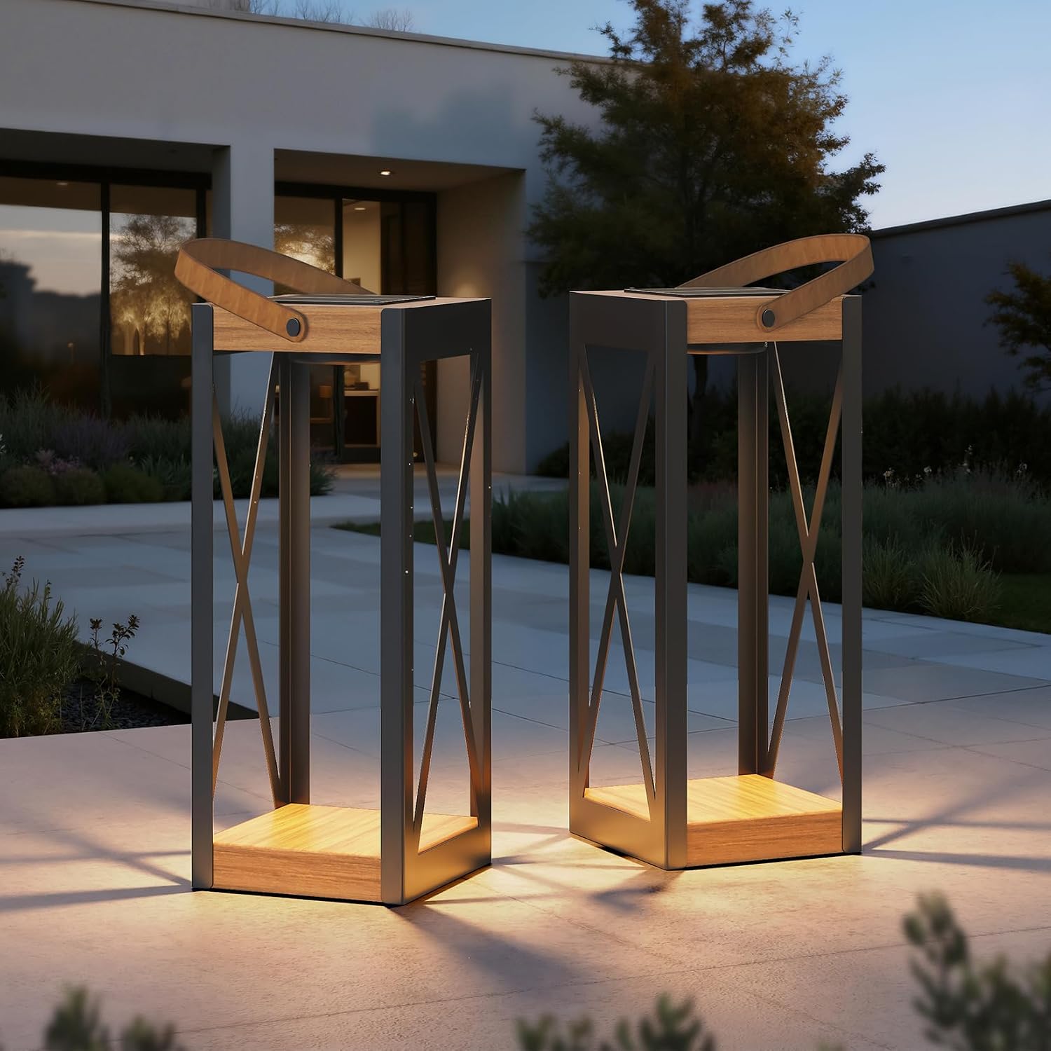 Solar Yard Outdoor Solar Floor Lamp Set of 2, IP65 Waterproof Metal Lantern with 50/100 Lumens & Memory Mode, Solar Patio Light for Porch, Yard & Garden, Large X-Black