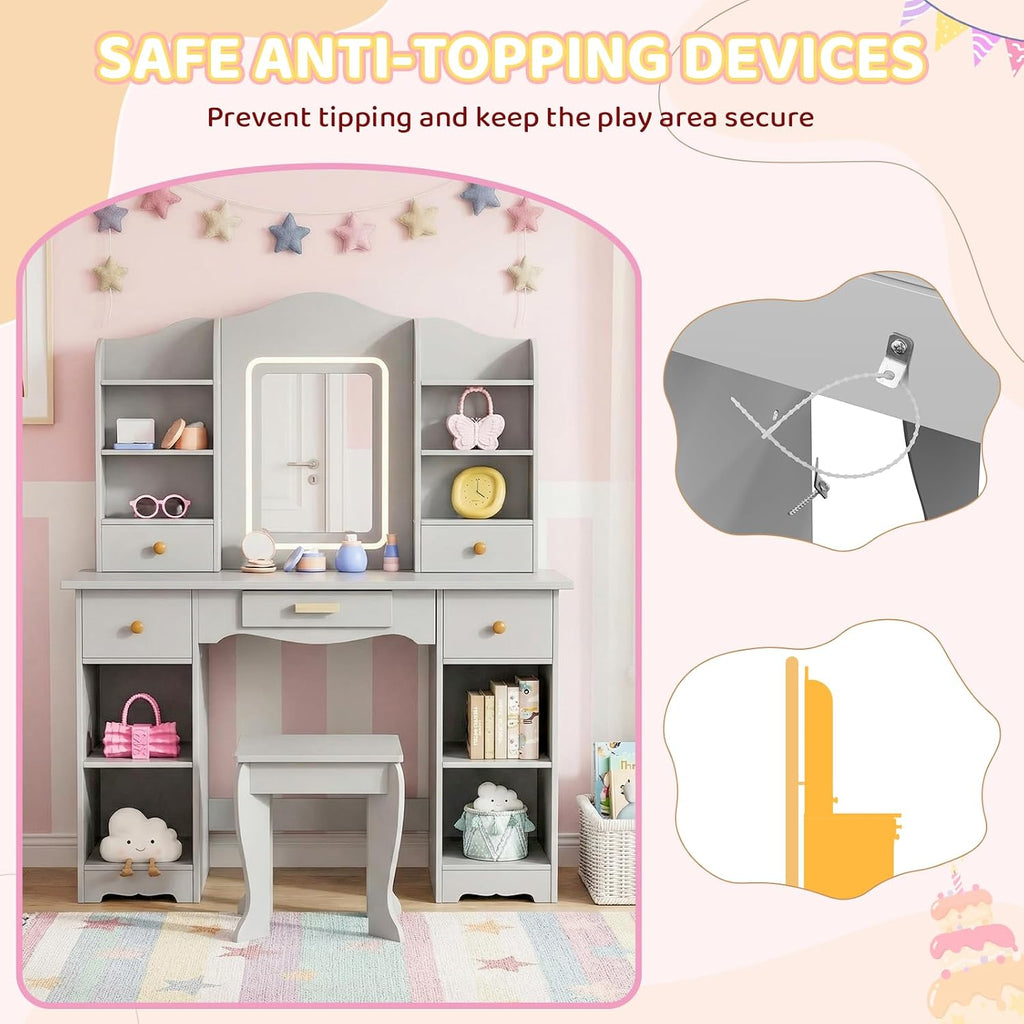 Arlopu Kids Vanity with 3-Color Lights, Girls Vanity Set w/Large Storage, Mirror ＆ Stool, 2 in 1 Princess Wooden Pretend Play Makeup Desk, Dressing Table and Chair, Open Shelves, Drawer (Grey)