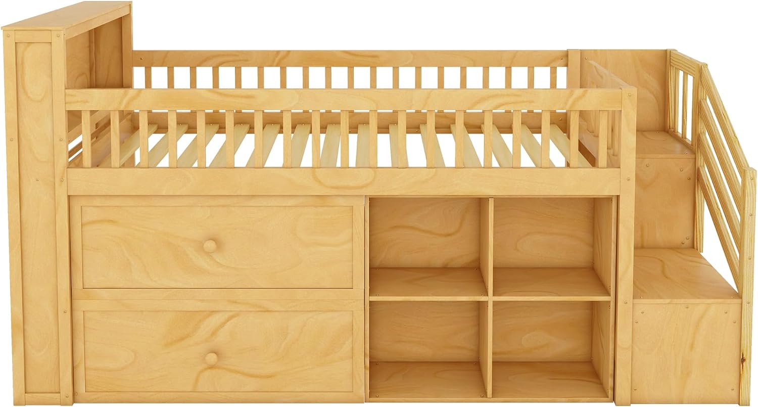 Low Loft Bed with LED Lights and Bookshelf, Wooden Kids Loft Bed with Stairs and Safety Guardrail, Low Loft Bed Twin with 2 Storage Drawers and Shelves for Girls Boys ,No Box Spring Needed, Natural