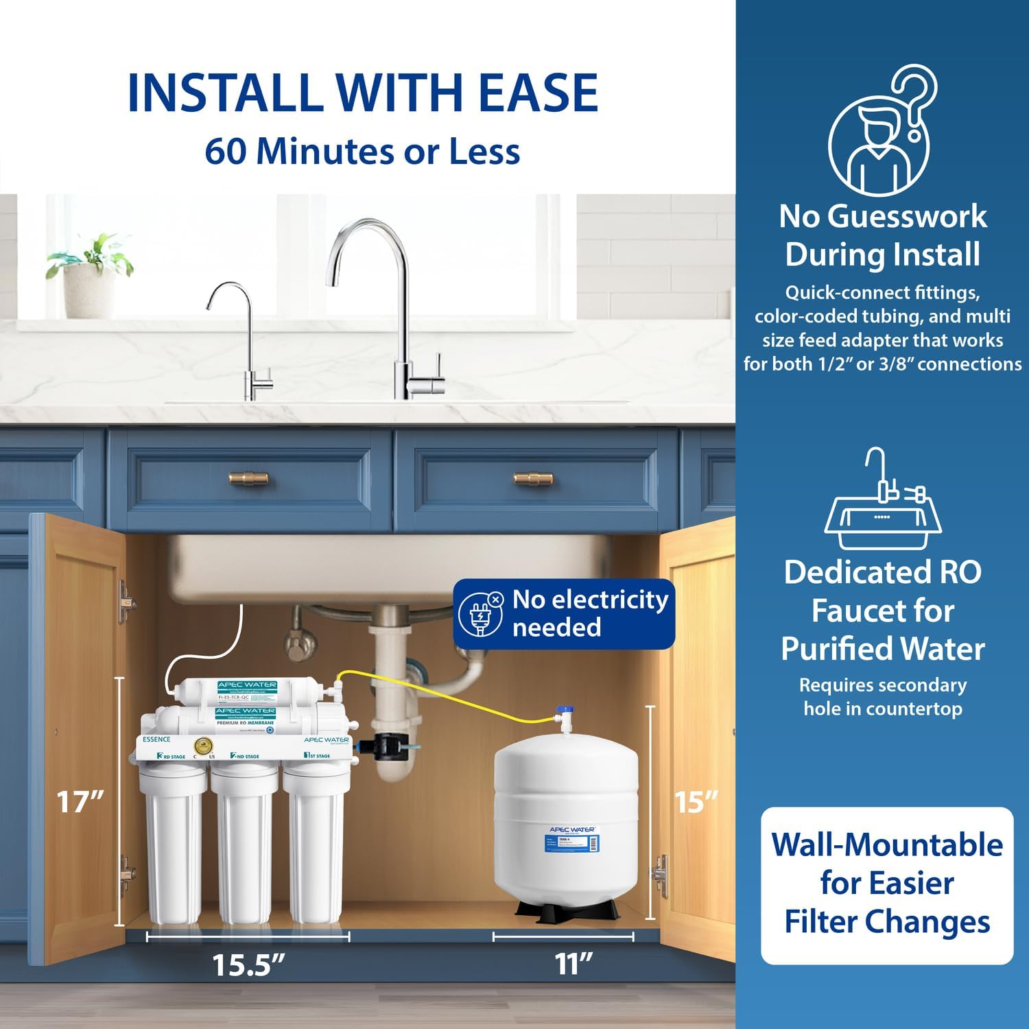 APEC Water ROES-50, 5-Stage Under Sink Reverse Osmosis Water Filter System, NSF Certified 372 & 58, 50 GPD, Reduces 99% of Impurities