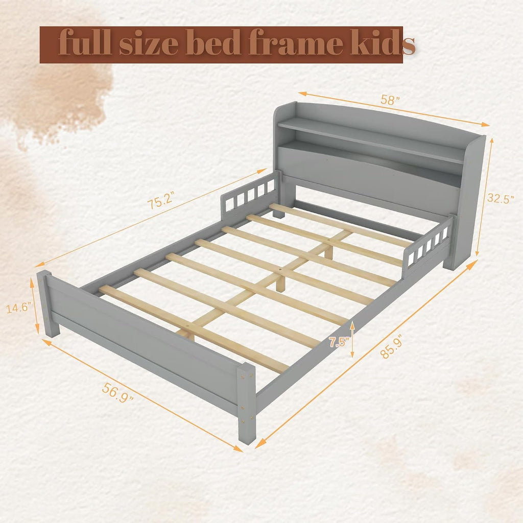 Full Size Bed Frame Kids with LED Motion Sensor Light & Guardrails, Full Size Kids Bed with Storage Bookcase, No Box Spring Needed, Easy Assembly, Grey