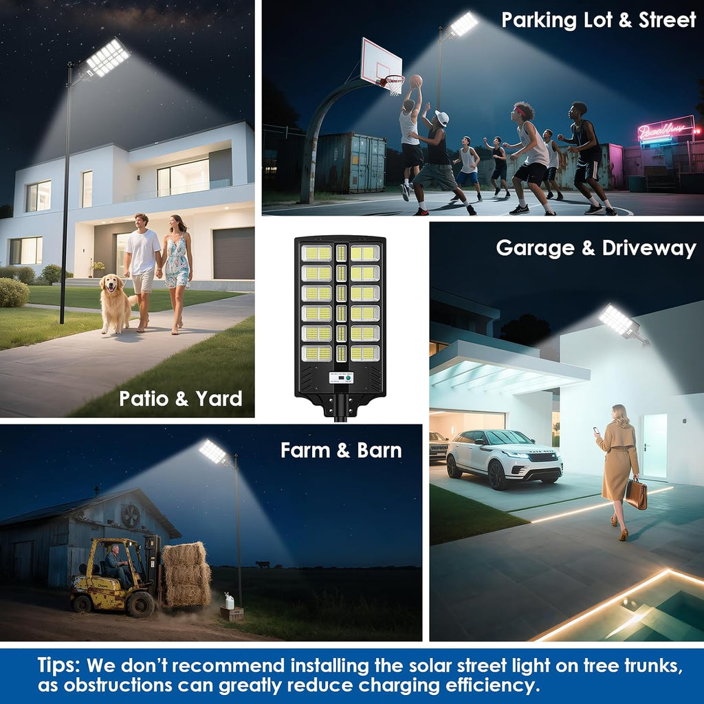 9000W Solar Street Lights Outdoor, Large Solar Powered Commercial Parking Lot Lighting Dusk to Dawn, 7000K Motion Sensor Light with Remote Control & Mounting Arm, IP67 Waterproof, for Yard, 2 Pack