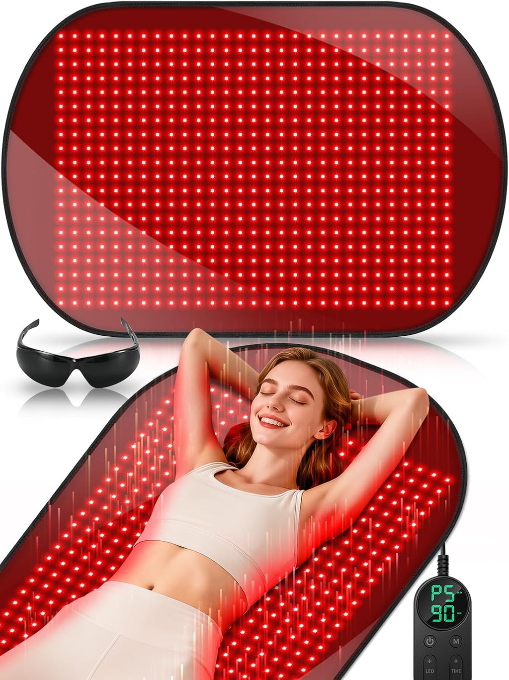 43'' x 26'' Red Light Therapy Mat for Body, 580 LEDs Near Infrared Light Therapy Pad Adjustable 10-90 min Timer, 660nm & 850nm Home Red Light Therapy for Back Belly Knee, 60W with Glasses