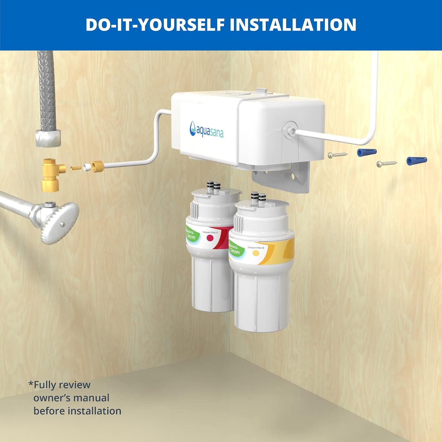 Aquasana Under Sink Water Filter System - Reduces PFAS, Lead, & Chlorine in Drinking Water - Under Counter Claryum Filtration for Kitchen - 2-Stage - Chrome Faucet - AQ-5200.56
