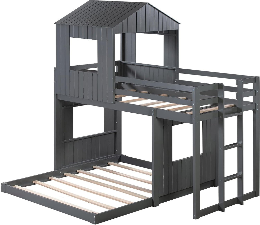 KLMM Twin Over Full Bunk Beds for Kids Toddlers, Wooden Play Farm House Bunk Bed with Roof Window Guardrail Ladder, for Girls Boys, No Spring Box Required (Gray-BUNK Bed-Twin-Full-4)