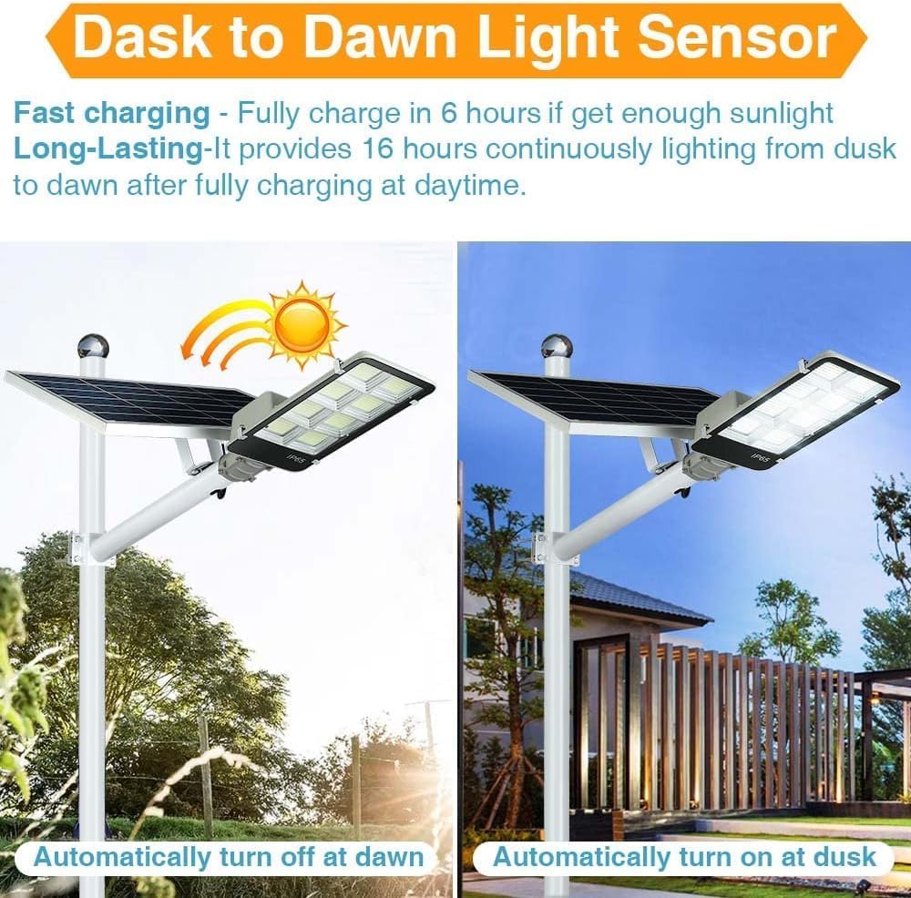 8000W LED Solar Street Lights Outdoor, Dusk to Dawn Security Flood Light with Remote Control & Pole, Wireless, Waterproof, Perfect for Yard, Parking lot, Street, Garden and Garage