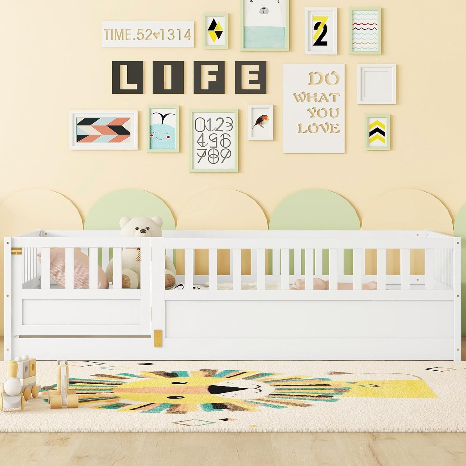 Twin Floor Bed with Slats and High Fence, Twin Size Montessori Floor Beds with Door, No Box Spring Needed, Easy Assemble Montessori Bed Frame(White Twin)