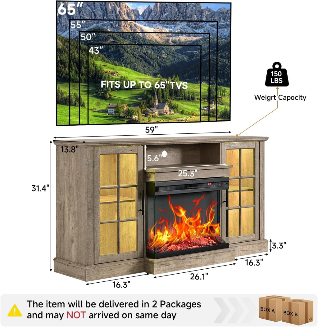 ROCKPOINT 3 Sided Glass 59' Fireplace TV Stand for TVs up to 65inch, Media Entertainment Center with Glass Door Storage Cabinet,24' Electric Fireplace with LED Light and Flame Colors,Grey