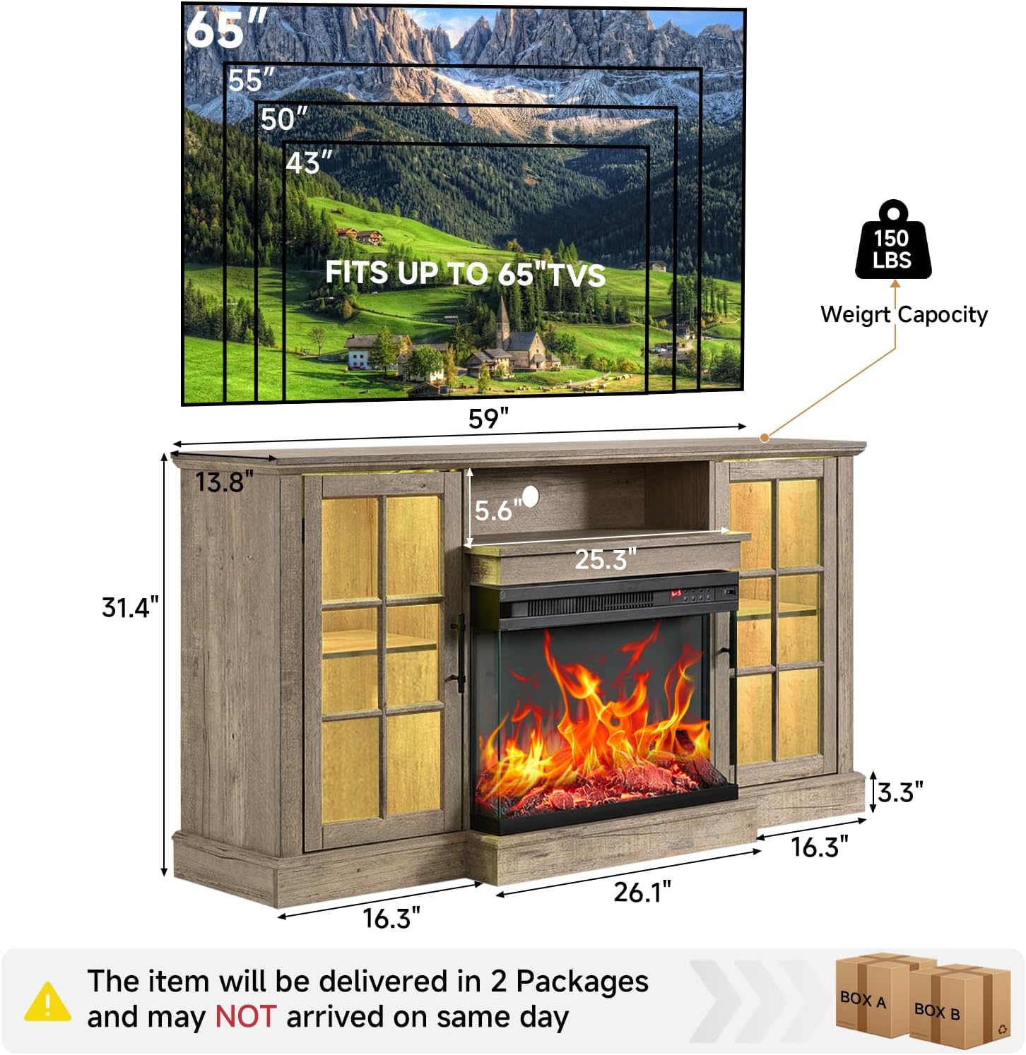 ROCKPOINT 3 Sided Glass 59' Fireplace TV Stand for TVs up to 65inch, Media Entertainment Center with Glass Door Storage Cabinet,24' Electric Fireplace with LED Light and Flame Colors,Grey