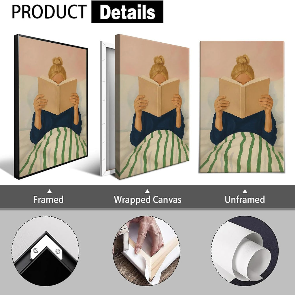 Woman Reading In Bed Poster Retro Book Lover Canvas Wall Art Minimalist Preppy Pastel Girly Read Aesthetic Prints Painting For Living Room Bedroom Library Wall Decor 24x36in Wframed