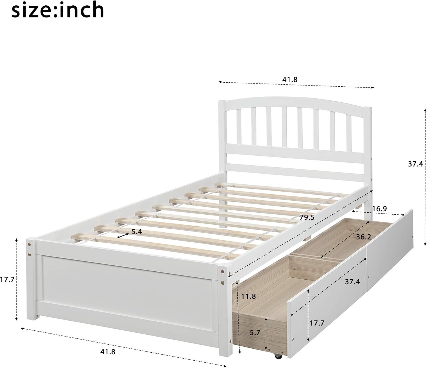 Twin Size Bed with Storage Drawers, Wooden Twin Platform Bed with Slat Support, Solid Wood Bed Frame for Kids Teens Adults (White)