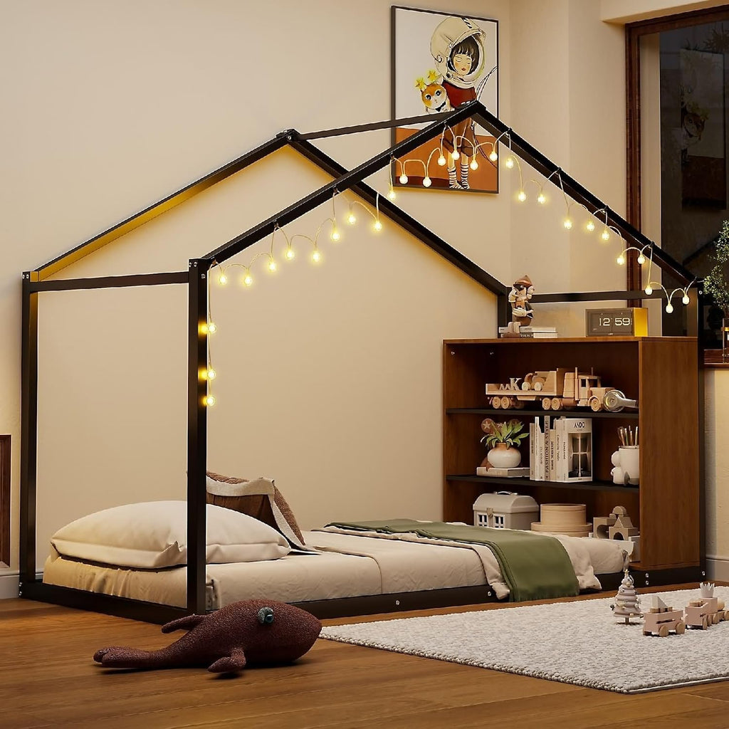 Bed Twin Size Set, Black Bed Frames with Shelves and Lights Metal & Wood 79.9' L x 40.6' W x 59.8' H