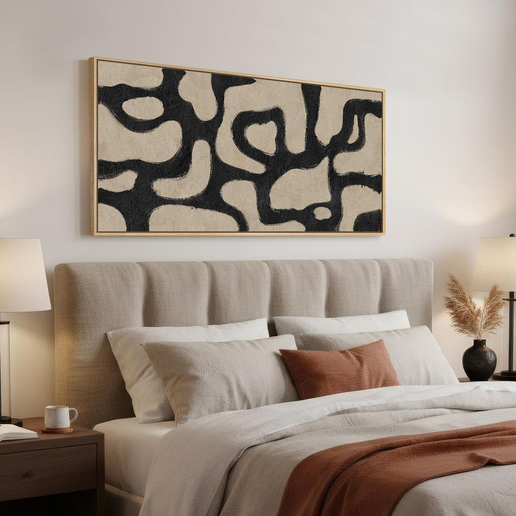 Framed Neutral Horizontal Abstract Wall Art for Living Room, Extra Large Black and Beige Modern Painting Print, Mid Century Canvas Artwork for Dining Room Bedroom Hallway Office Walls Decor, 30x60 Inch