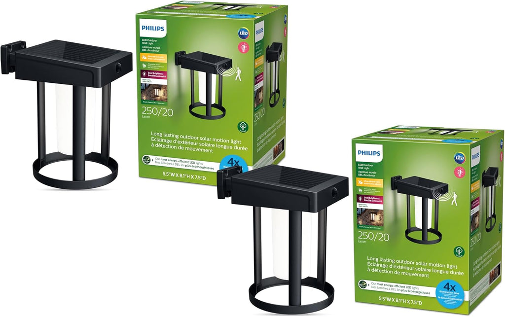 PHILIPS LED Ultra Efficient Solar Cylinder Black Wall Lantern Outdoor 2-Pack Bright White (3000K) 250/20 Lumen (3W = 25W) Weather Resistant
