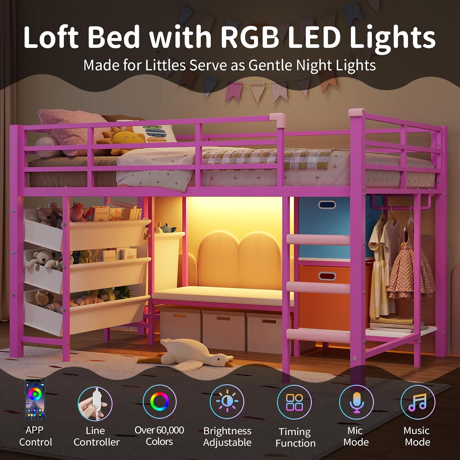 DICTAC Low Twin Size Loft Bed with Reading Corner and Bookshelf,Metal Twin Loft Bed with LED Lights,3 Sling Drawers&2 Movable Storage Bins,loft bed for Kids with 13.98'H Safety Guardrail & Stairs,Pink
