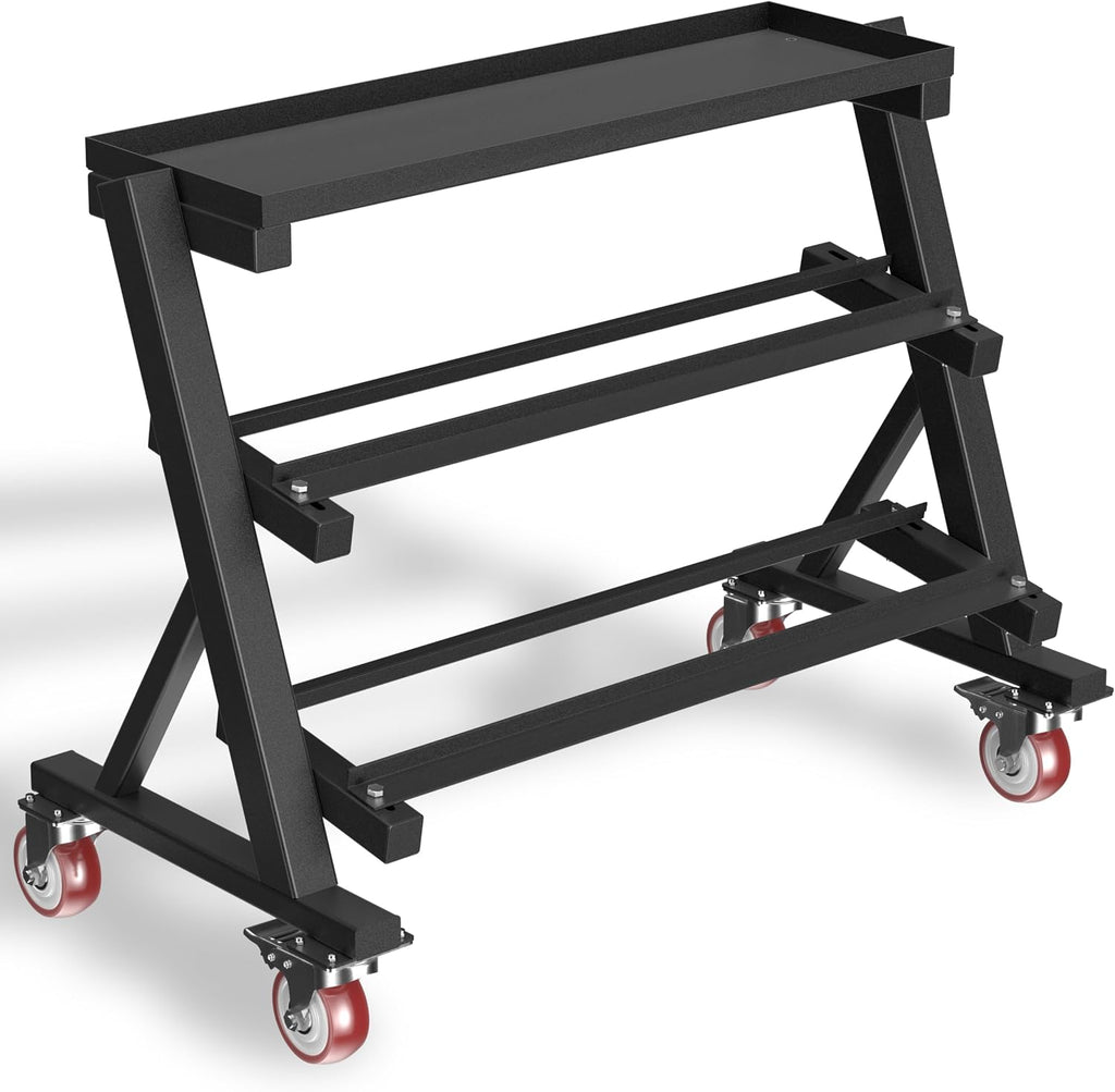 Heavy Duty 3 Tier Dumbbell Rack Stand, 1200LBS Commercial Weight Storage Organizer for Home Gym (Select Frame Type: Kettlebell Flat Tray, All Rails, or Rolling Wheels), Stand Only