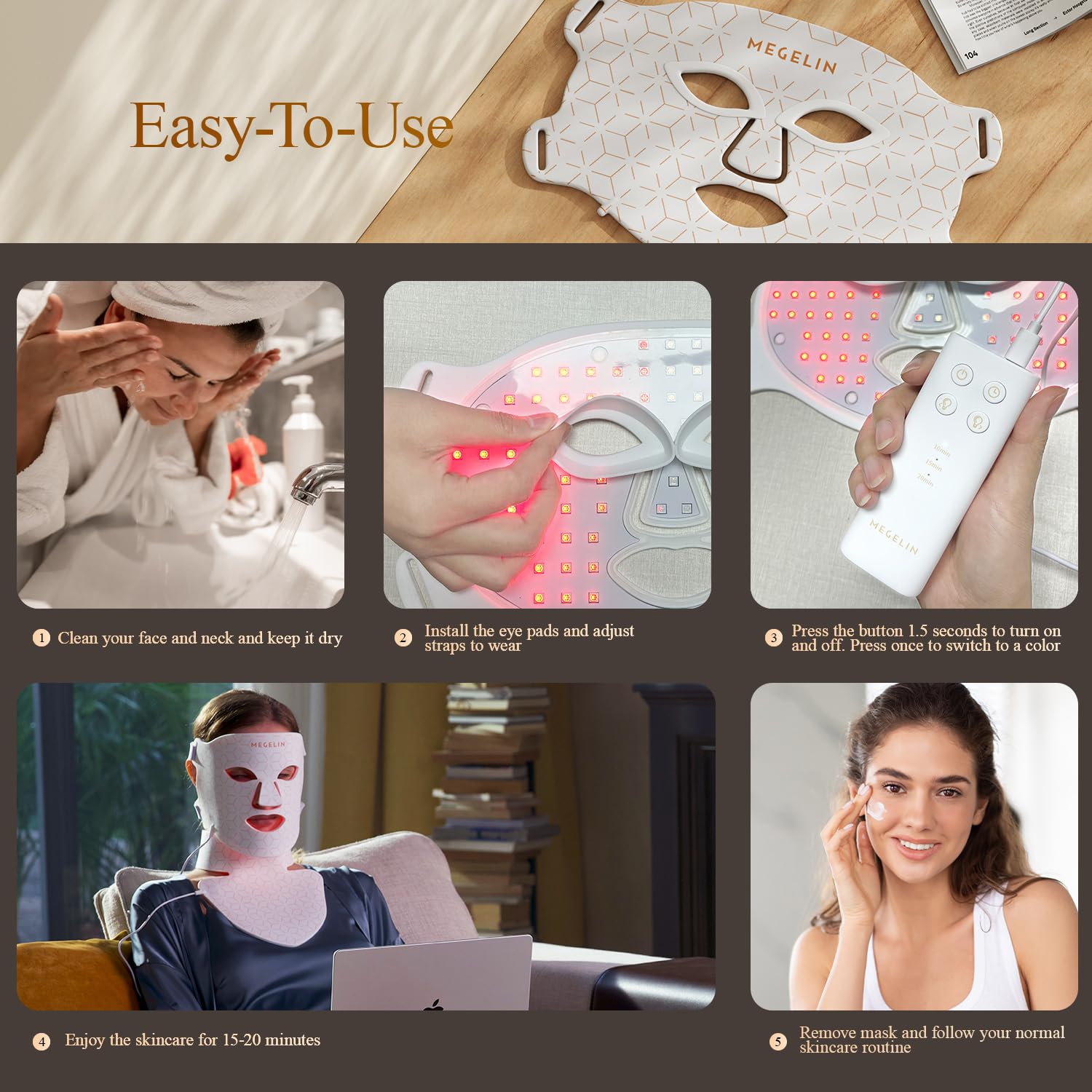 MEGELIN Led Red Light Therapy Face & Neck Mask, 7 Colors Led Light Therapy Facial Mask, Infrared Red Light Therapy Mask, Infrared Light Skin Rejuvenation(White)