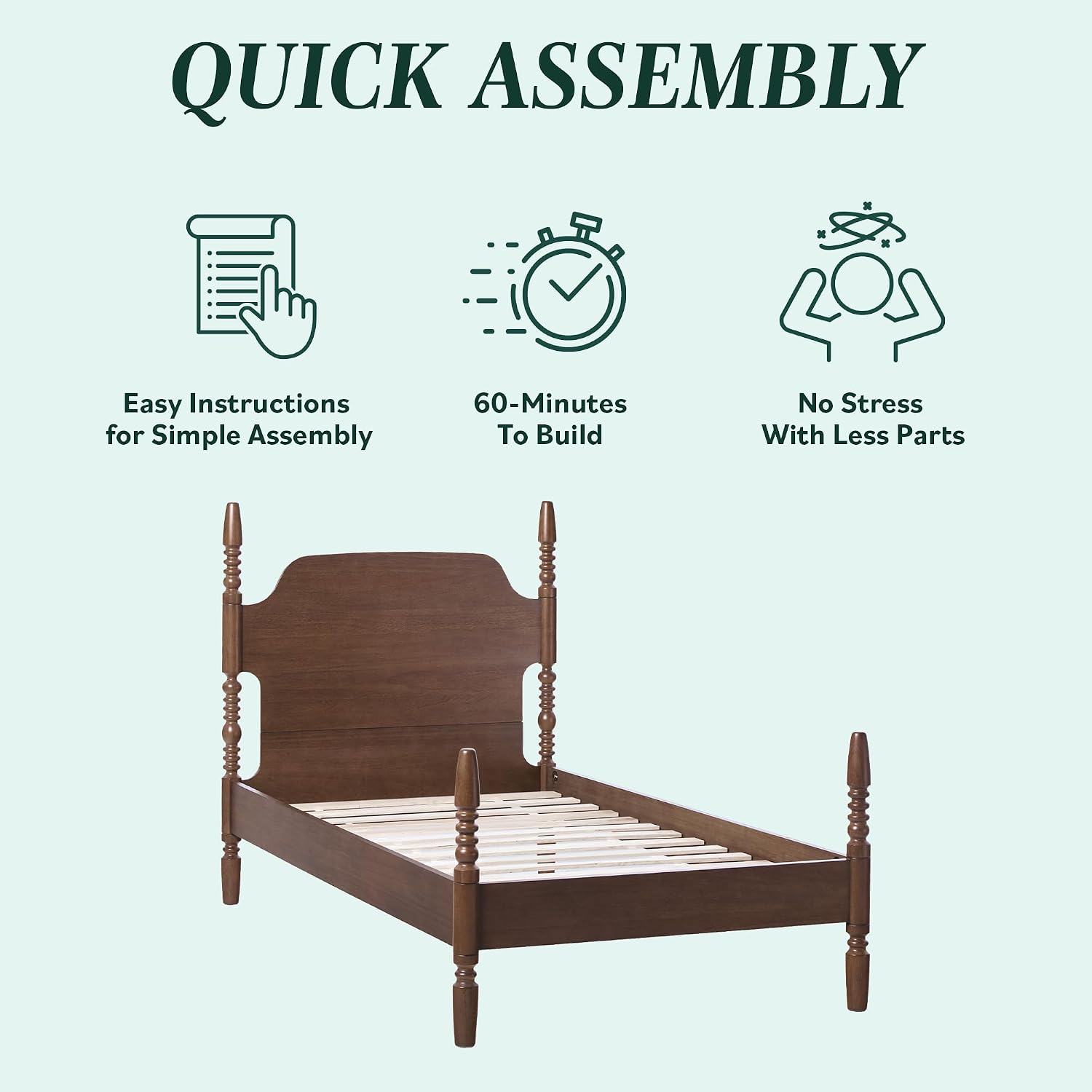 Walker Edison EZ Assembly Traditional Wood White Spindle Bed, Vintage Bed Frame, No Box Spring Required, Twin Bed Frame with Headboard, Twin Size, White