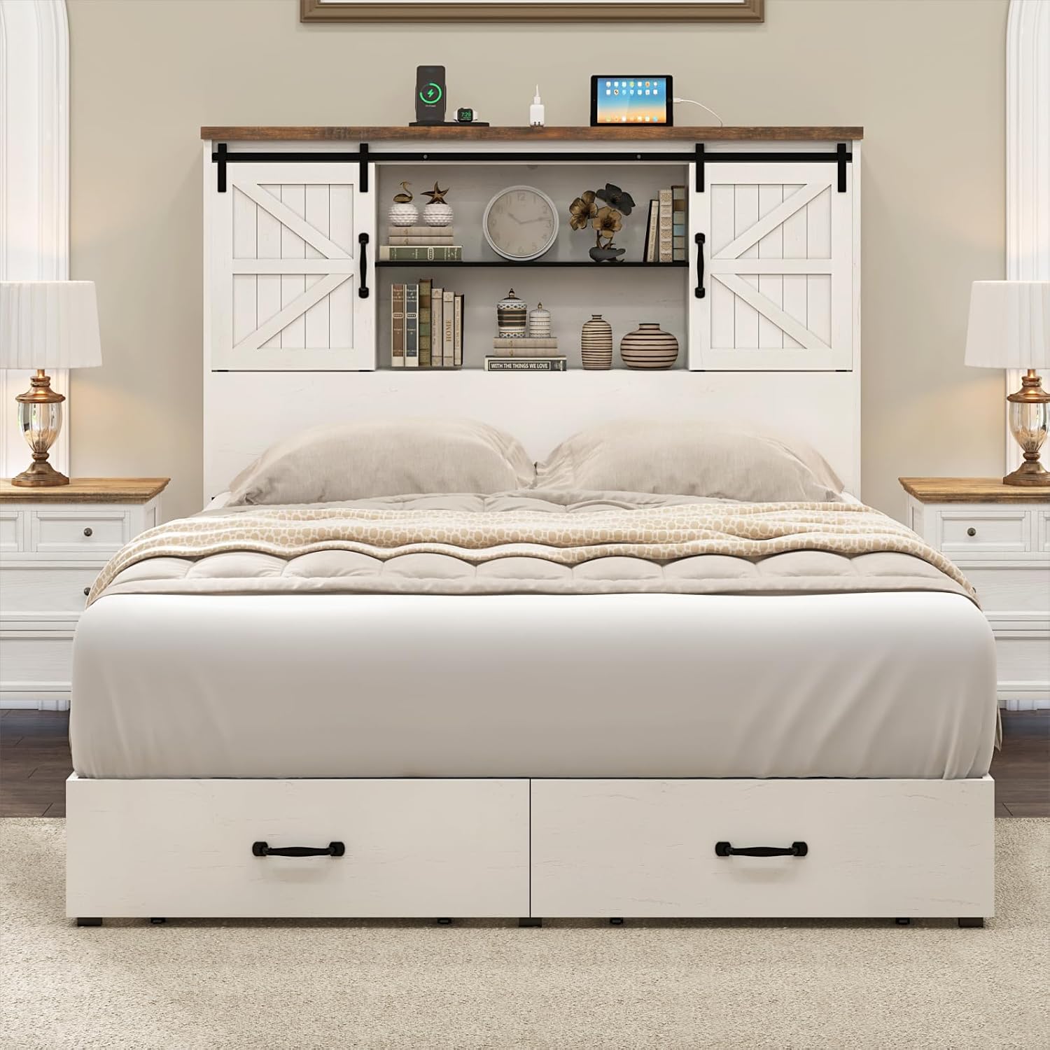 HOWE Farmhouse Full Size Bed Frame with 51.2' Bookcase Headboard, Wooden Platform Bed with 2 Drawers, Sliding Barn Door Dec, Storage Bed with Charging Station, No Box Spring Needed, White