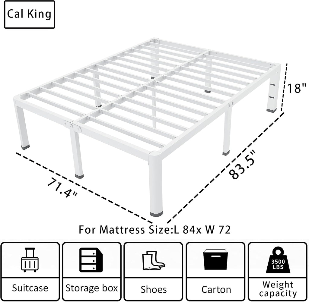 ROIL 18 Inch White California King Bed Frame with Rounded Corner and Headboard Hole Mattress Retainers 3500LBS Heavy Duty Steel Slats No Box Spring Needed Platform Noise-Free Easy Assembly
