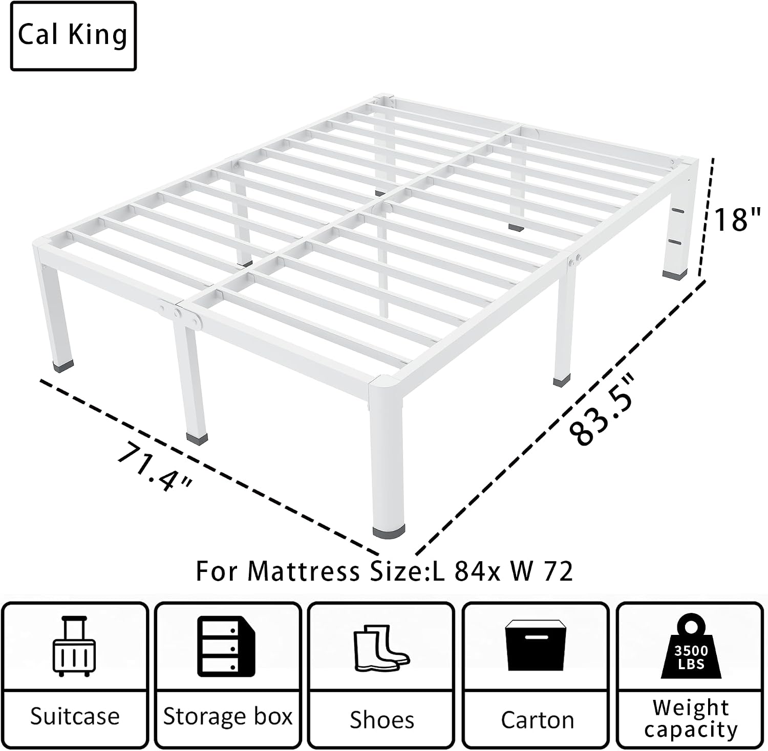 ROIL 18 Inch White California King Bed Frame with Rounded Corner and Headboard Hole Mattress Retainers 3500LBS Heavy Duty Steel Slats No Box Spring Needed Platform Noise-Free Easy Assembly
