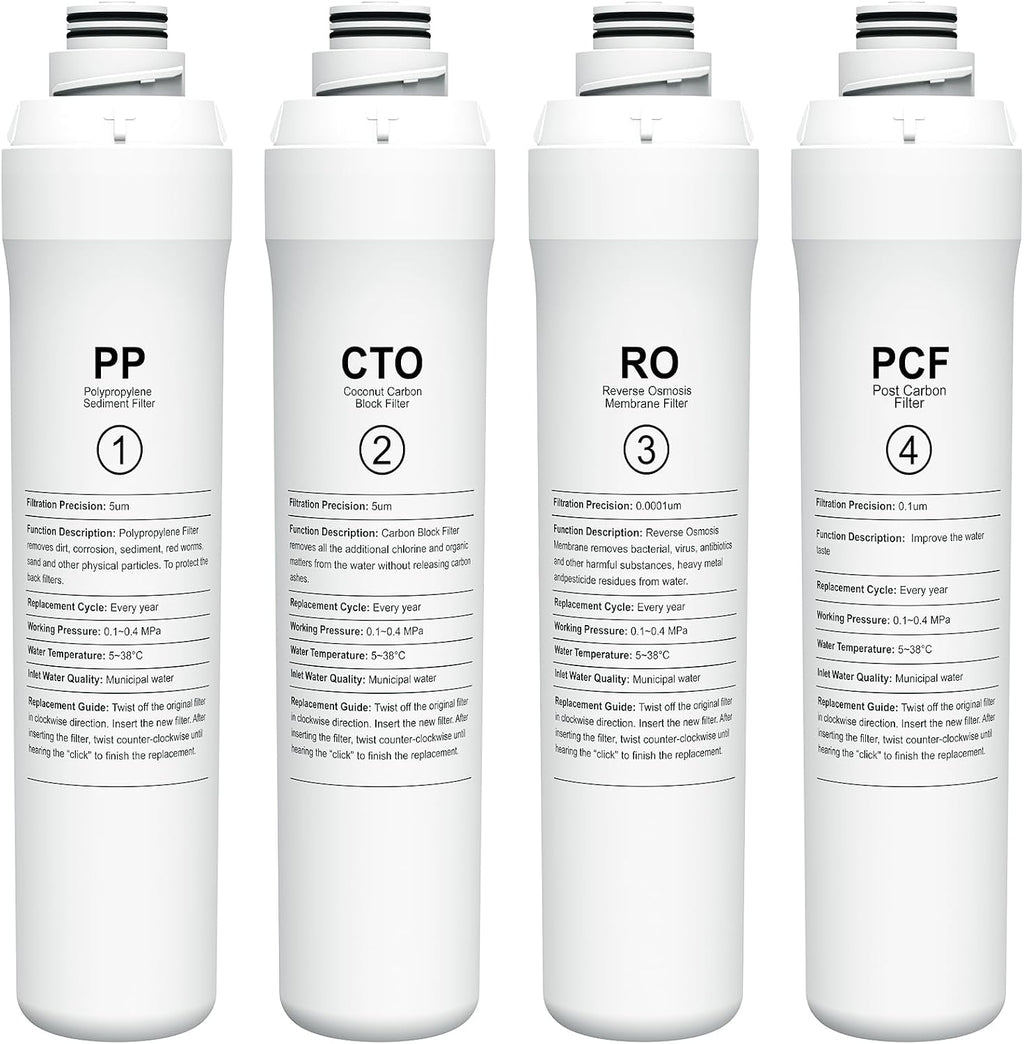4-Pack Replacement Filter Set Compatible with Bluevua RO100ROPOT RO100ROPOT-UV RO System (1 PP, 1 CTO, 1 RO, 1 PCF)